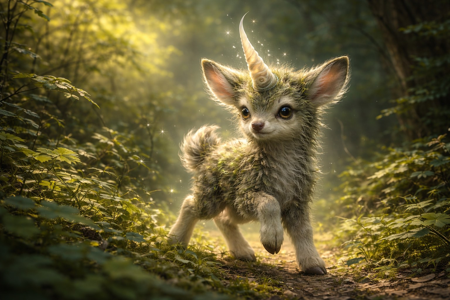 ein Trillhorn ist ein zottliges Wesen, ähnlich einem Rehkitz, mit Horn und grünem Fell